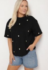 Czarny Bawełniany T-shirt Zdobiony Haftem w Kształcie Serc Naloree. Czarne t-shirty damskie Born2be, l, z aplikacjami, z bawełny, bez kołnierzyka. Za 69.99 zł.