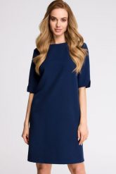Elegancka sukienka trapezowa midi z dekoltem V z tyłu gładka granatowa. Sukienki damskie Sukienki.shop, bez wzorów, biznesowe, bez ramiączek. Za 129.00 zł.