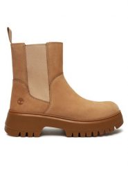 Timberland Sztyblety Mid Pull On Boot TB0A6FCHEN71 Beżowy. Brązowe botki damskie Timberland, z nubiku, bez obcasa, na płaskiej podeszwie, bez zapięcia. Za 639.99 zł.