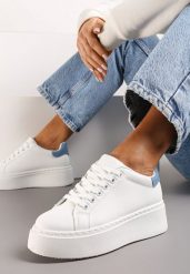Biało-Niebieskie Sneakersy na Modnej Platformie Broida. Białe obuwie sportowe damskie Renee, z materiału, bez zapięcia. Za 74.99 zł.