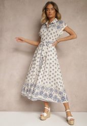 Beżowo-Niebieska Wiskozowa Sukienka w Kwiaty o Koszulowym Kroju z Wiązanym Paskiem Iffiana. Niebieskie sukienki damskie Renee, bez wzorów, z wiskozy, eleganckie, bez ramiączek. W wyprzedaży za 83.99 zł.