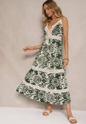 Zielona Sukienka z Bawełny o Rozkloszowanym Kroju w Etniczny Print Taliraya. Zielone sukienki damskie Renee, bez wzorów, z bawełny, bez ramiączek. W wyprzedaży za 55.99 zł.