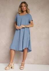 Niebieska Sukienka z Wiskozy o Rozkloszowanym Kroju Irisena. Niebieskie sukienki damskie Renee, bez wzorów, z jeansu, eleganckie, bez ramiączek. W wyprzedaży za 55.99 zł.
