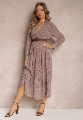 Różowa Sukienka Rozkloszowana w Kwiaty z Paskiem Rakhila. Czerwone sukienki damskie Renee, bez wzorów, eleganckie, bez ramiączek. W wyprzedaży za 111.99 zł.
