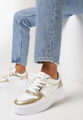 Biało-Złote Sneakersy na Grubej Podeszwie z Metalicznymi Wstawkami Atilem. Białe obuwie sportowe damskie Born2be, bez zapięcia. Za 89.99 zł.