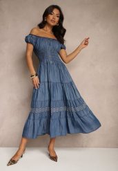 Niebieska Sukienka Hiszpanka o Rozkloszowanym Kroju z Ozdobnymi Guzikami Zoltebia. Niebieskie sukienki damskie Renee, bez wzorów, eleganckie, bez ramiączek. W wyprzedaży za 67.99 zł.