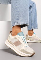 Złote Sneakersy Ozdobione Brokatem i Kolorowymi Wstawkami Veradis. Żółte obuwie sportowe damskie Renee, bez zapięcia. Za 89.99 zł.