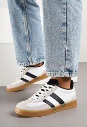 Biało-Czarne Sneakersy Typu Kultowe Tenisówki z Ozdobnymi Przeszyciami Selfia. Białe obuwie sportowe damskie Born2be, bez wzorów, z jeansu, bez zapięcia. Za 84.99 zł.