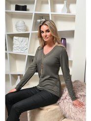 Bleu d'Azur Sweter "Belva" w kolorze oliwkowym rozmiar: 44/46. Zielone swetry klasyczne damskie Bleu d'Azur, z bawełny, bez kołnierzyka. Za 109.52 zł.