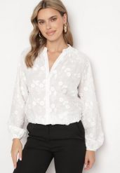 Biała Koszula z Haftowanej Tkaniny z Guzikami Blariana. Białe koszule damskie Born2be, l, bez wzorów, z tkaniny, eleganckie, bez kołnierzyka, bez ramiączek. Za 119.99 zł.