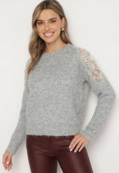Jasnoszary Sweter Ozdobiony Cekinami Cyrkoniami i Perełkami z Wełną Tiavella. Szare swetry klasyczne damskie Born2be, na zimę, l, z jeansu, bez kołnierzyka. Za 169.99 zł.