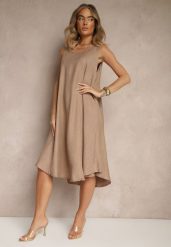 Ciemnobeżowa Basicowa Sukienka o Rozkloszowanym Kroju Mevolira. Brązowe sukienki damskie Renee, bez wzorów, eleganckie, bez ramiączek. W wyprzedaży za 47.99 zł.
