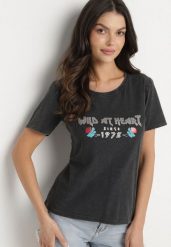 Czarny Bawełniany T-shirt z Metalicznym Nadrukiem Savariae. Czarne t-shirty damskie Born2be, l, z aplikacjami, z bawełny, bez kołnierzyka. Za 39.99 zł.