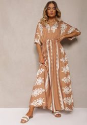 Brązowa Sukienka Taliowana z Bawełny z Gumką w Pasie Rivaq. Brązowe sukienki damskie Renee, bez wzorów, z bawełny, eleganckie, bez ramiączek. W wyprzedaży za 83.99 zł.