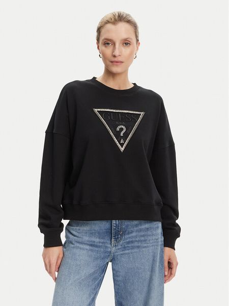 Guess Bluza W5YQ04 KC8I0 Czarny Regular Fit. Czarne bluzy damskie Guess, l, z aplikacjami, z bawełny, bez kaptura. Za 299.99 zł.