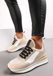 Beżowe Płaskie Sneakersy na Grubej Podeszwie ze Sznurowaniem Ozdobione Brokatem Krisfina. Czerwone obuwie sportowe damskie Renee, bez zapięcia. Za 119.99 zł.