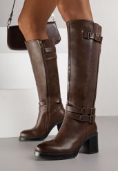 Brązowe Kozaki na Słupku Zdobione Paskami z Klamrami i Elastyczną Wstawką Unelisa. Brązowe kozaki damskie Born2be, z jeansu, bez obcasa, na obcasie, bez zapięcia. Za 209.99 zł.