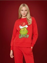 Bluza z nadrukiem Grinch - czerwony. Czerwone bluzy damskie Sinsay, l, bez wzorów, z bawełny, bez kaptura. Za 49.99 zł.