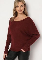 Bordowy Sweter z Lnem i Dekoltem w Łódkę o Kroju Oversize Sassirra. Czerwone swetry klasyczne damskie Born2be, l, z jeansu, bez kołnierzyka. Za 129.99 zł.