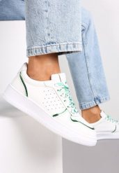 Biało-Zielone Sneakersy z Kolorowymi Sznurówkami i Metalicznymi Wstawkami Lania. Białe obuwie sportowe damskie Renee, bez zapięcia. Za 69.99 zł.