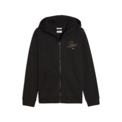 Młodzieżowa rozpinana bluza z kapturem Essentials Script PUMA. Czarna bluzy damskie Puma, na jesień, m, bez wzorów, z dzianiny, z kapturem. Za 140.99 zł.