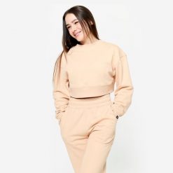 Bluza do treningu siłowego damska Domyos crop. Brązowe bluzy damskie DOMYOS, s, bez wzorów, z bawełny, bez kaptura. Za 129.99 zł.