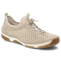 Półbuty damskie Rieker, cholewka ze skóry ekologicznej z przewiewnymi wstawkami z siateczki elastyczne sznurowanie wsuwany fason, beżowe, 55960-60. Brązowe półbuty damskie Rieker, bez wzorów, ze skóry ekologicznej, bez obcasa, bez zapięcia. Za 359.00 zł.