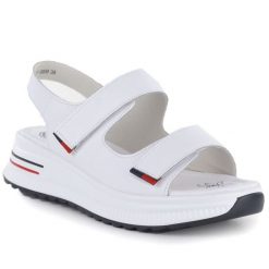 Sandały damskie na koturnie na rzep białe eVento 9999. Białe sandały damskie eVento, bez wzorów, ze skóry ekologicznej, bez obcasa, na koturnie, bez zapięcia. Za 179.99 zł.