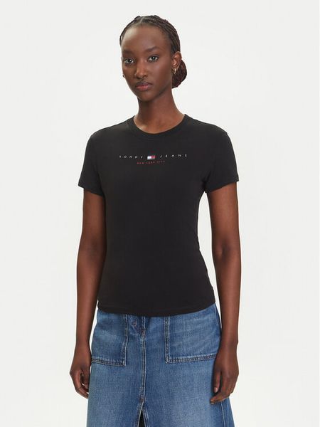 Tommy Jeans T-Shirt Linear DW0DW21422 Czarny Slim Fit. Czarne t-shirty damskie Tommy Jeans, xs, bez wzorów, z bawełny, bez kołnierzyka. Za 89.99 zł.