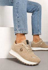 Ciemnobeżowe Płaskie Sznurowane Sneakersy Ocieplane Ozdobione Metalicznymi Aplikacjami Cyrirra. Brązowe obuwie sportowe damskie Born2be, z jeansu, bez zapięcia. Za 119.99 zł.
