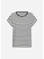 Soyaconcept Koszulka "Rina" w kolorze biało-czarnym rozmiar: S. Białe bluzki damskie Soyaconcept, s, bez wzorów, z bawełny, bez kołnierzyka, bez ramiączek. Za 70.08 zł.