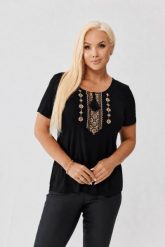 Czarna bawełniana bluzka z miodowym haftem krzyżykowym OVERSIZE PLUS SIZE WIOSNA LATO. Czarne bluzki damskie Moda Size Plus Iwanek, l, z aplikacjami, z bawełny, biznesowe, bez kołnierzyka, plus size, bez ramiączek. Za 129.90 zł.