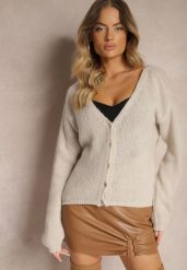 Beżowy Casualowy Kardigan z Moherem i Wełną Zapinany na Guziki Heslina. Brązowe kardigany damskie Renee, uniwersalny, bez wzorów, z jeansu. Za 149.99 zł.
