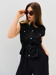 Koszula bez rękawów z wiskozą i domieszką lnu - czarny. Czarne koszule damskie Sinsay, l, bez wzorów, z wiskozy, bez kołnierzyka, bez ramiączek. Za 49.99 zł.