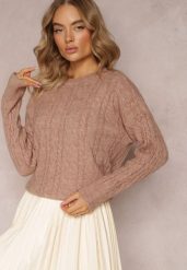 Ciemnobeżowy Sweter z Okrągłym Dekoltem i Splotem w Warkocze Dawnitta. Brązowe swetry klasyczne damskie Renee, z dzianiny, bez kołnierzyka. Za 79.99 zł.