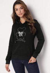 Czarna Klasyczna Bluza z Polarem i Kapturem Wkładana Przez Głowę i Ozdobiona Nadrukiem Lettora. Czarne bluzy damskie Born2be, xl, bez wzorów, z polaru, z kapturem. Za 44.99 zł.