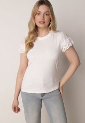 Biały Bawełniany T-shirt z Koronkowymi Rękawami Carilynore. Białe t-shirty damskie Born2be, m, bez wzorów, z bawełny, bez kołnierzyka. Za 59.99 zł.