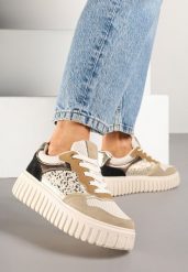Beżowe Sneakersy na Platformie z Tłoczeniami Zdobione Panterkowym Printem Herraza. Brązowe obuwie sportowe damskie Renee, z jeansu, bez zapięcia. Za 99.99 zł.