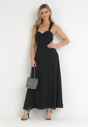 Czarna Sukienka Maxi z Ozdobnym Wiązaniem na Plecach Bremte. Czarne sukienki damskie Born2be, bez wzorów, bez ramiączek. Za 149.99 zł.