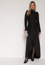 Czarna Cekinowa Sukienka Wieczorowa z Półgolfem i Trenem Eylnore. Czarne sukienki damskie Born2be, z aplikacjami, klasyczne, bez ramiączek. Za 239.99 zł.