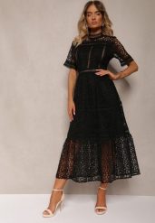 Czarna Rozkloszowana Sukienka Maxi Ażurowa z Falbanką Ranilette. Czarne sukienki damskie Renee, w ażurowe wzory, eleganckie, bez ramiączek. W wyprzedaży za 143.99 zł.