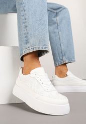 Białe Sneakersy na Grubej Podeszwie z Plecioną Cholewką Nilavanea. Białe obuwie sportowe damskie Born2be, z jeansu, bez zapięcia. Za 89.99 zł.