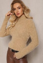 Beżowy Golf z Puchatego Materiału z Wełną i Długim Rękawem Geolla. Brązowe golfy damskie Renee, bez wzorów, z wełny, bez ramiączek. Za 39.99 zł.