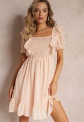 Beżowa Sukienka Mini z Gumką w Talii i Wiązaniem na Plecach Olitisa. Brązowe sukienki damskie Renee, bez wzorów, bez ramiączek. W wyprzedaży za 47.99 zł.