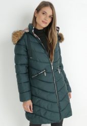 Ciemnozielona Kurtka Dwustronna z Kapturem Fiya. Zielone kurtki damskie Born2be, na zimę, l, z aplikacjami, z jeansu, z kapturem. Za 229.99 zł.