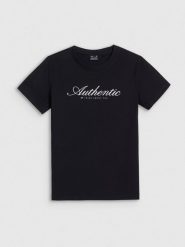 4F T-shirt regular z nadrukiem damski - czarny S. Czarne t-shirty damskie 4F, s, bez wzorów, z bawełny, bez kołnierzyka. Za 59.99 zł.