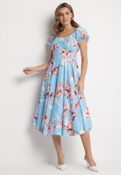 Niebieska Sukienka w Kwiaty z Dekoltem Łódką z Bawełną o Rozkloszowanym Kroju Annilva. Niebieskie sukienki damskie Born2be, bez wzorów, z bawełny, eleganckie, bez ramiączek. Za 69.99 zł.