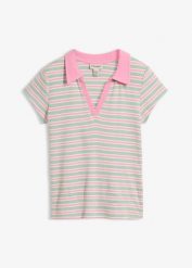 Koszulka polo w prążek z czystej bawełny organicznej. Zielone bluzki damskie bonprix, bez wzorów, z bawełny, bez kołnierzyka, bez ramiączek. Za 54.99 zł.