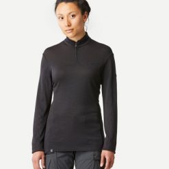Koszulka trekkingowa damska z długim rękawem MT 500 merino. Czarne bluzki damskie FORCLAZ, m, bez wzorów, z materiału, bez kołnierzyka, bez ramiączek. Za 229.99 zł.