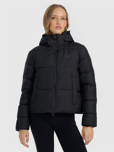 4F Kurtka puchowa z wypełnieniem naturalnym damska - czarna XL. Czarne kurtki damskie 4F, na zimę, xl, bez wzorów, z puchu, bez kaptura. Za 599.99 zł.
